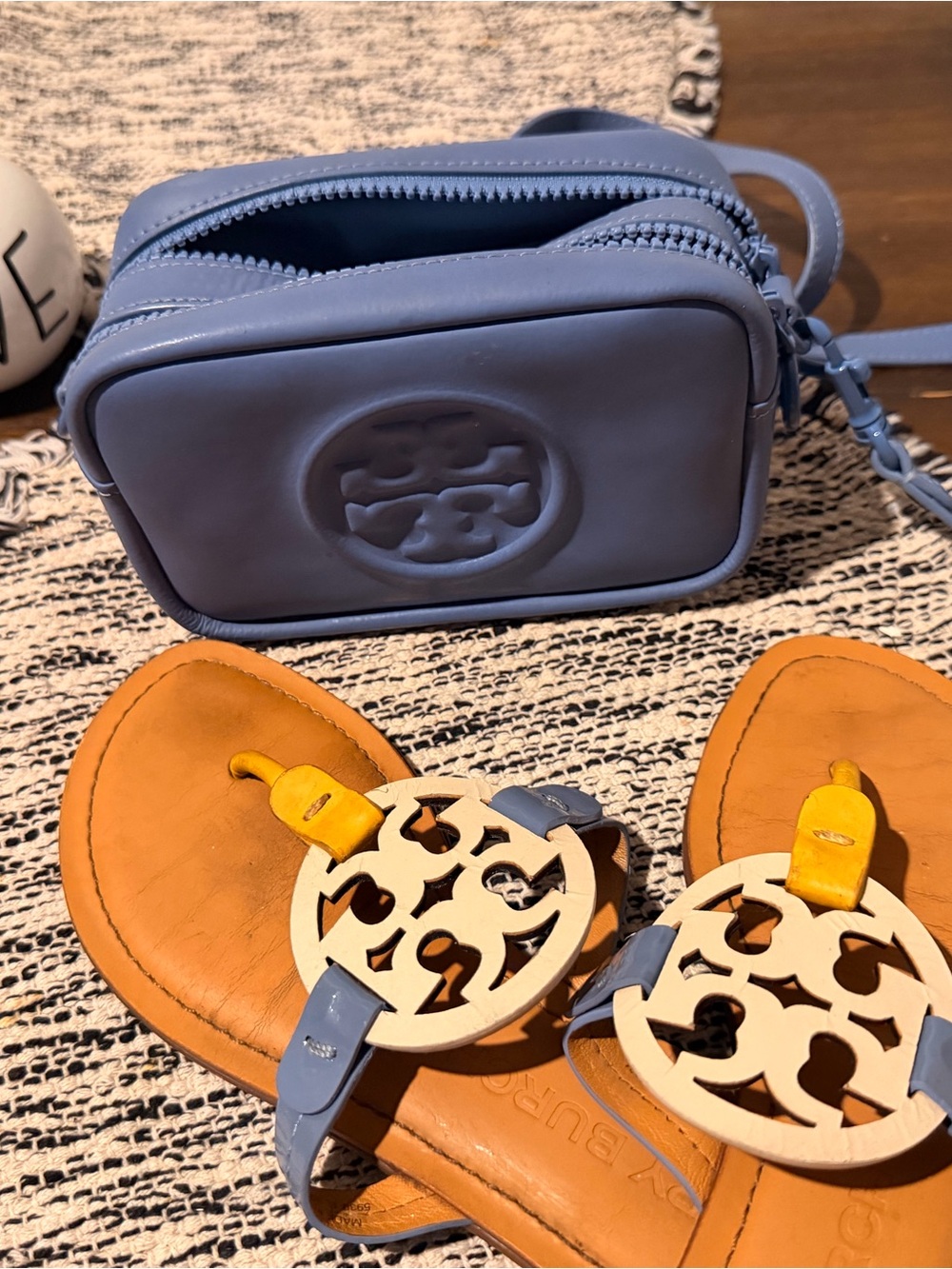 Tory Burch Powder Blue Mini Crossbody Bag w/ matching sandals